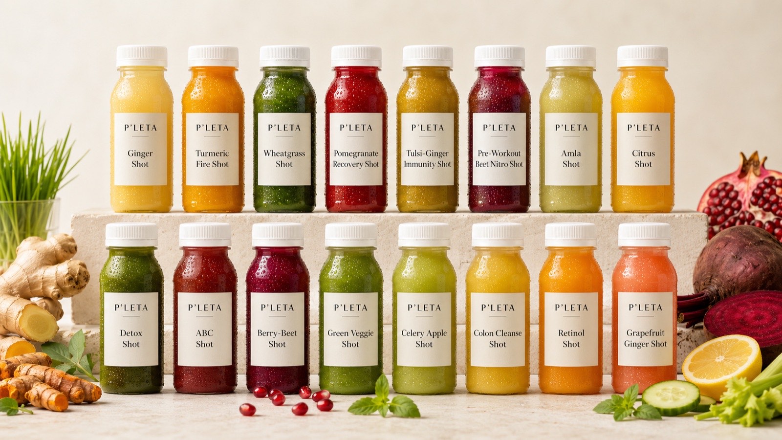 The full P'LETA range of cold-pressed wellness shots